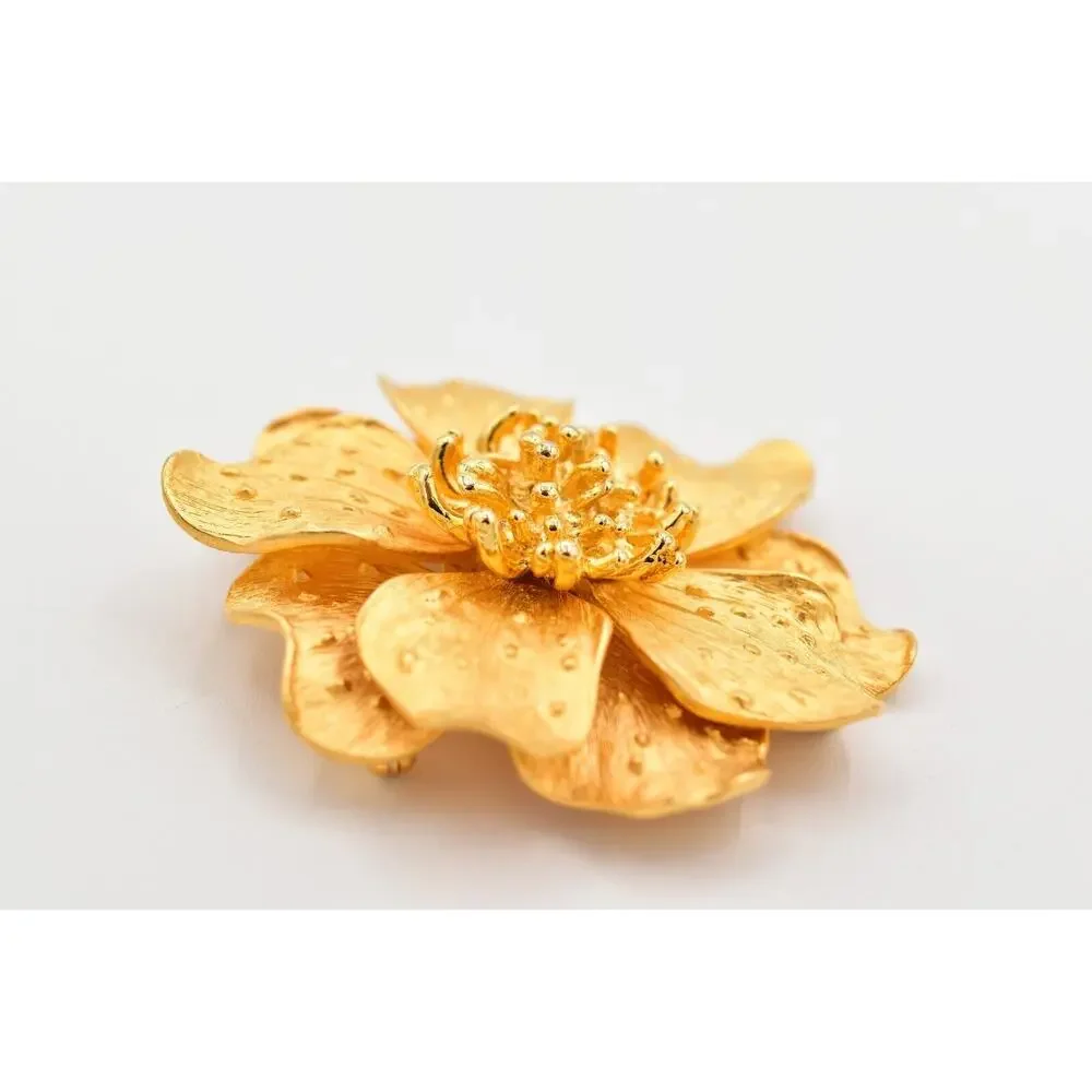 KJL Vintage Dogwood Flower Pin Brooch Brushed Gold Matte Chunky Signed 80s BinBK